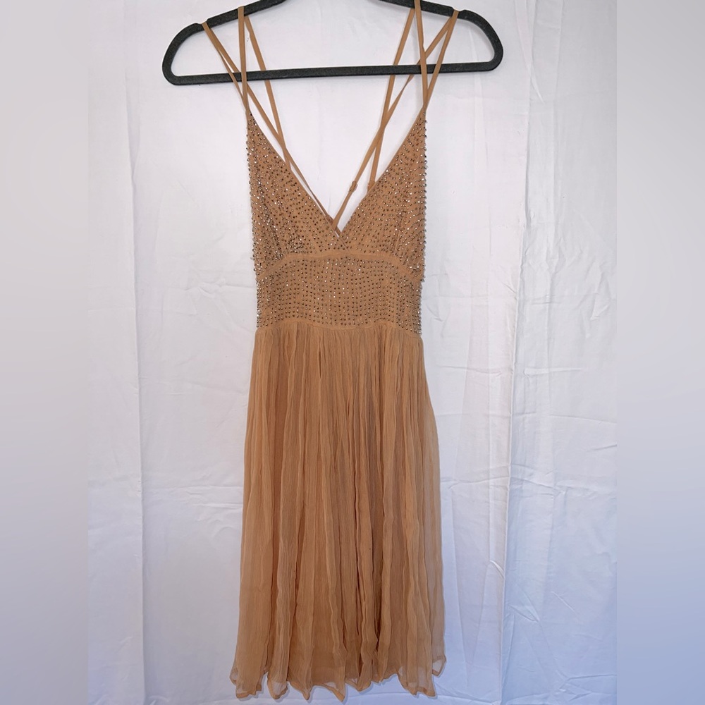 Free People nude beaded chiffon mini cocktail dress